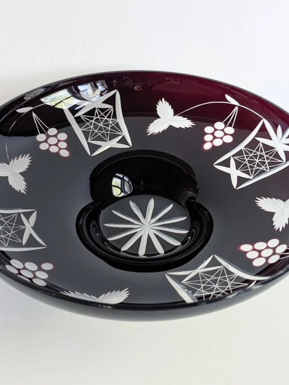 Vintage Dark Ruby Cut to Clear Crystal Fruit Bowl Dish Centerpiece 11.75